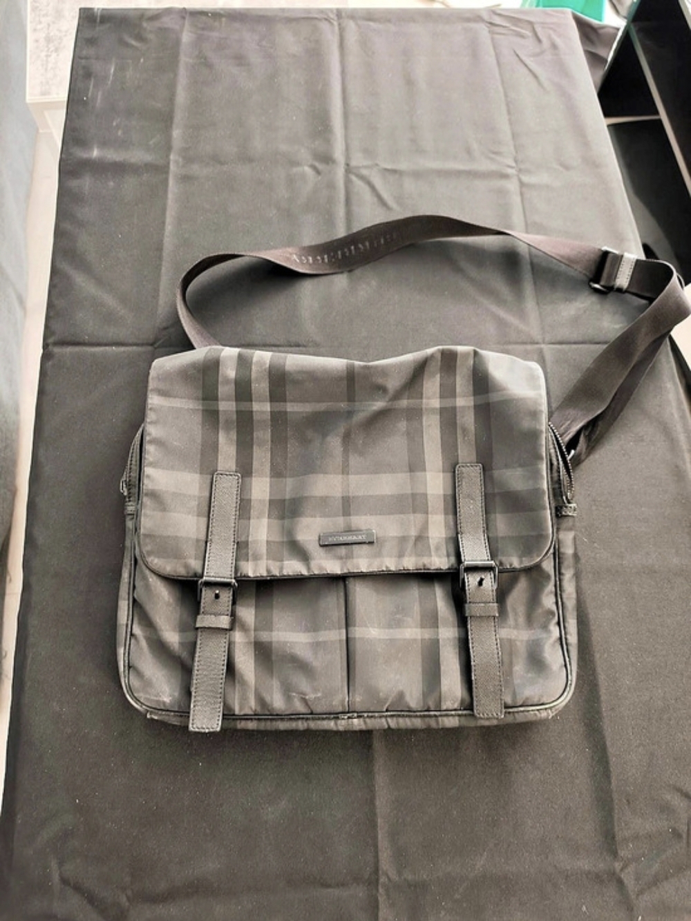 Burberry Smoked Check Nylon Messenger Bag Gray & Black